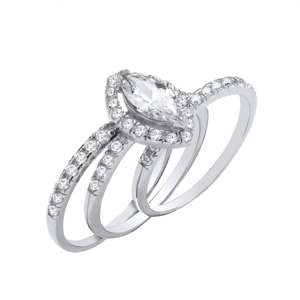 Sterling Silver Cubic Zirconia Ring - Silver Bridal Set Marquise Halo CZ Half ET 3 Rings - by Hearts Forever Jewellers