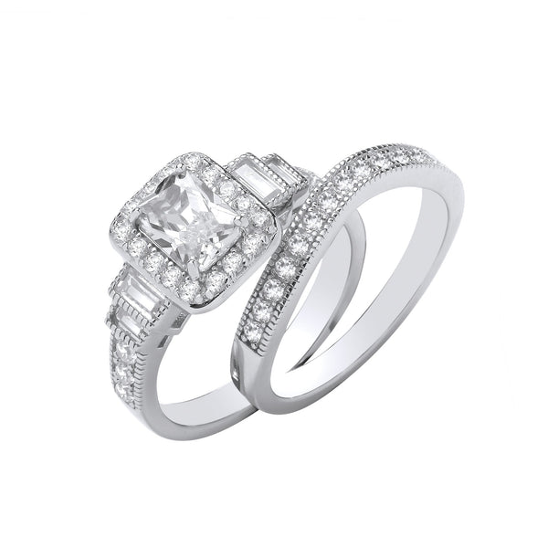 Sterling Silver Cubic Zirconia, Emerald Ring - Silver Emerald Centre CZ Fancy Bridal Set Rings - by Hearts Forever Jewellers