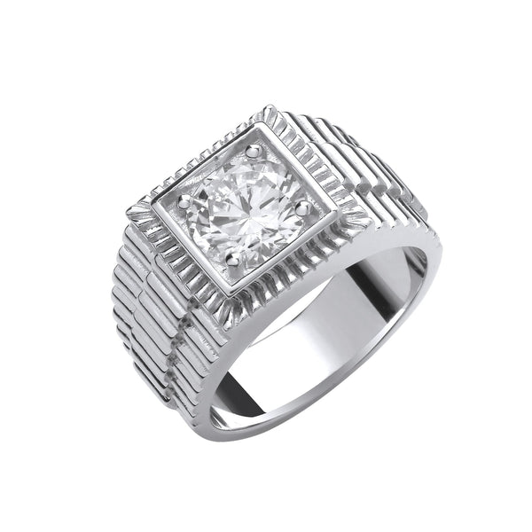 Sterling Silver Cubic Zirconia Ring - Silver Square Top with Round CZ Gents Ring - by Hearts Forever Jewellers