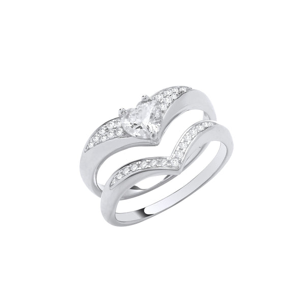 Sterling Silver Cubic Zirconia Ring - Silver Bridal Set Heart CZ Wishbone Rings - by Hearts Forever Jewellers