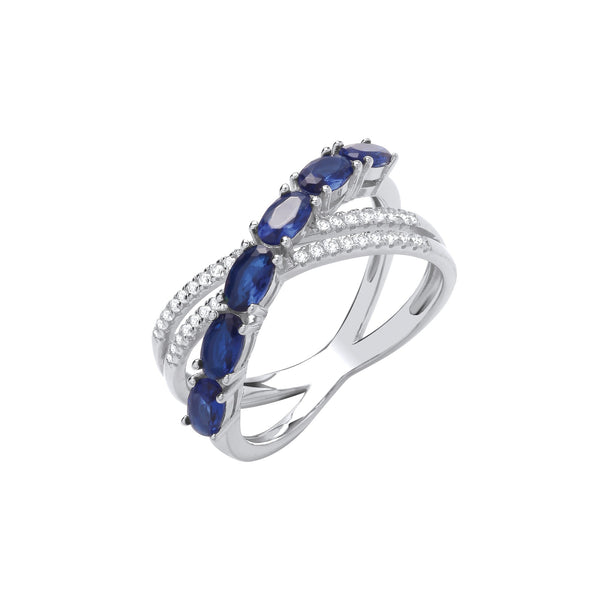 Sterling Silver Cubic Zirconia Ring - Silver Cross Over Clear & Blue CZs Ring - by Hearts Forever Jewellers