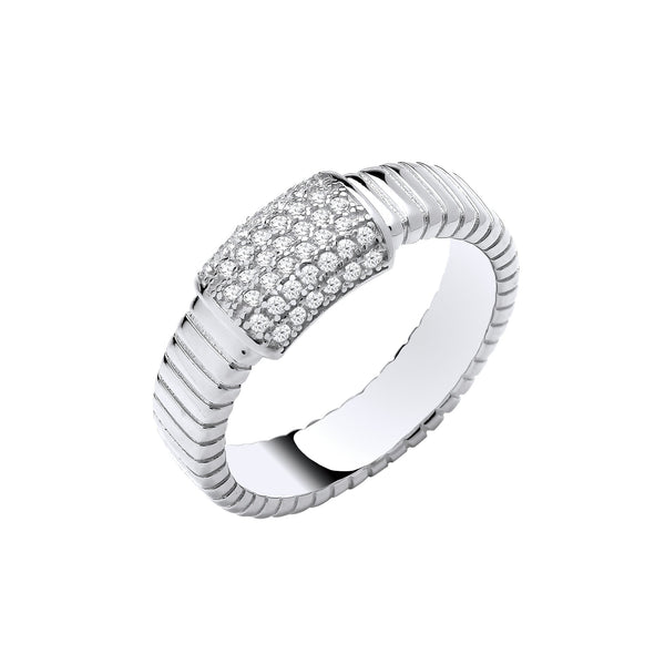 Sterling Silver Cubic Zirconia Ring - Silver Ribbed Link with CZ ID Plate Ring - by Hearts Forever Jewellers