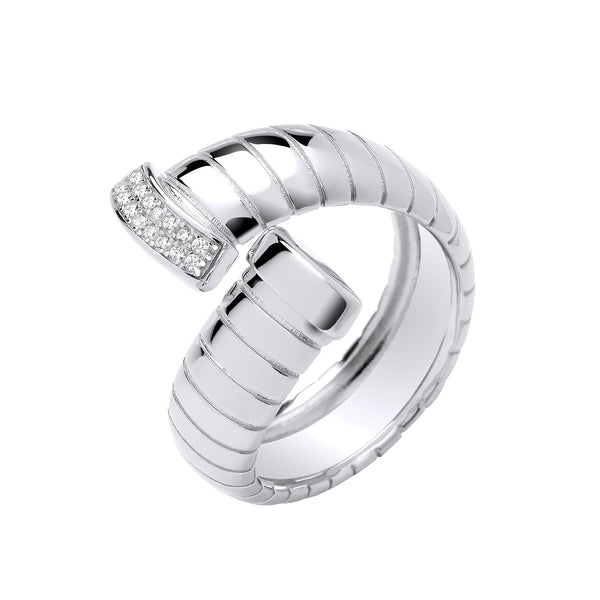 Sterling Silver Cubic Zirconia Ring - Silver Ribbed Cross-Over CZ Ring - by Hearts Forever Jewellers