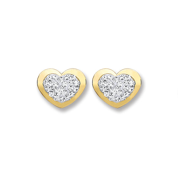 9k Yellow Gold Earrings - 9ct Gold Heart Shape with Crystals Studs - by Hearts Forever Jewellers