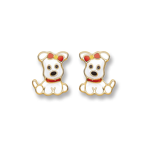 9k Yellow Gold Earrings - 9ct Gold Enameled Puppy Studs - by Hearts Forever Jewellers