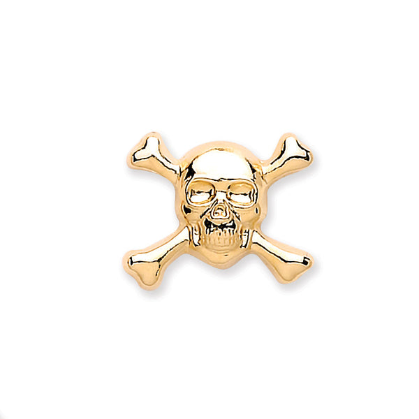 9k Yellow Gold Earrings - 9ct Y/G Skull & Crossbones Single Stud for Men - by Hearts Forever Jewellers