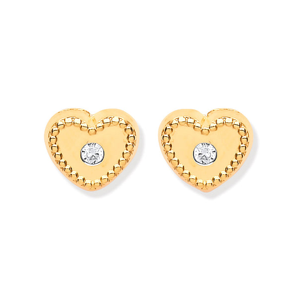 9k Yellow Gold Cubic Zirconia Earrings - 9ct Y/G Heart Ribbed Edge with CZ Studs - by Hearts Forever Jewellers