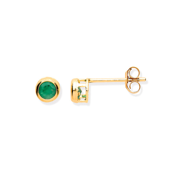 9k Yellow Gold Emerald Earrings - 9ct Y/G 3.8mm Emerald Rubover Studs - by Hearts Forever Jewellers