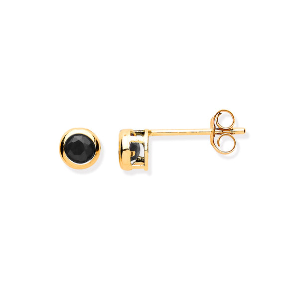 9k Yellow Gold Sapphire Earrings - 9ct Y/G 3.8mm Black Sapphire Rubover Studs - by Hearts Forever Jewellers