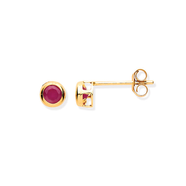 9k Yellow Gold Ruby Earrings - 9ct Y/G 3.8mm Ruby Rubover Studs - by Hearts Forever Jewellers