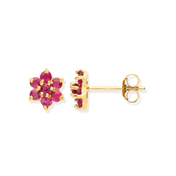 9k Yellow Gold Ruby Earrings - 9ct Y/G Ruby Flower Studs - by Hearts Forever Jewellers