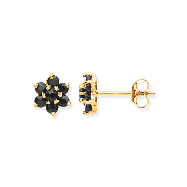 9k Yellow Gold Sapphire Earrings - 9ct Y/G Black Sapphire Flower Studs - by Hearts Forever Jewellers