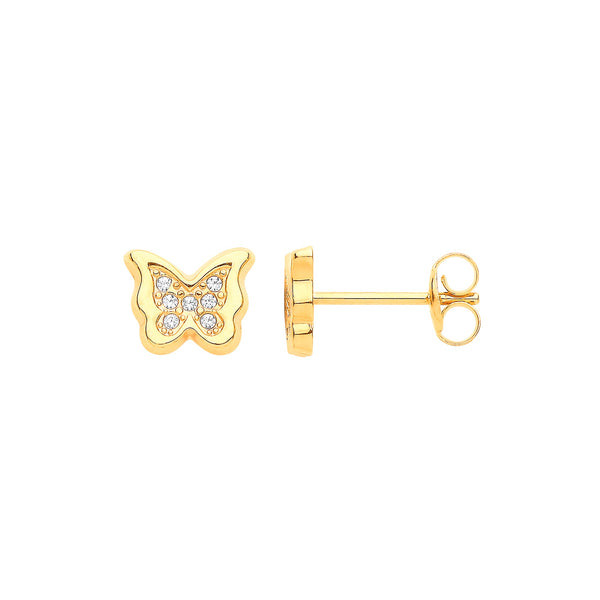 9k Yellow Gold Cubic Zirconia Earrings - 9ct Y/G CZ Butterfly Studs - by Hearts Forever Jewellers