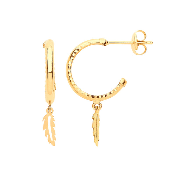 9k Yellow Gold Earrings - 9ct Y/G D/C Hoop Studs with Feather Drop - by Hearts Forever Jewellers