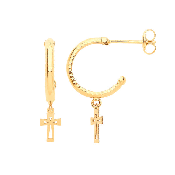 Earrings - Y/G D/C Hoop Studs with Cross Drop - by Hearts Forever Jewellers