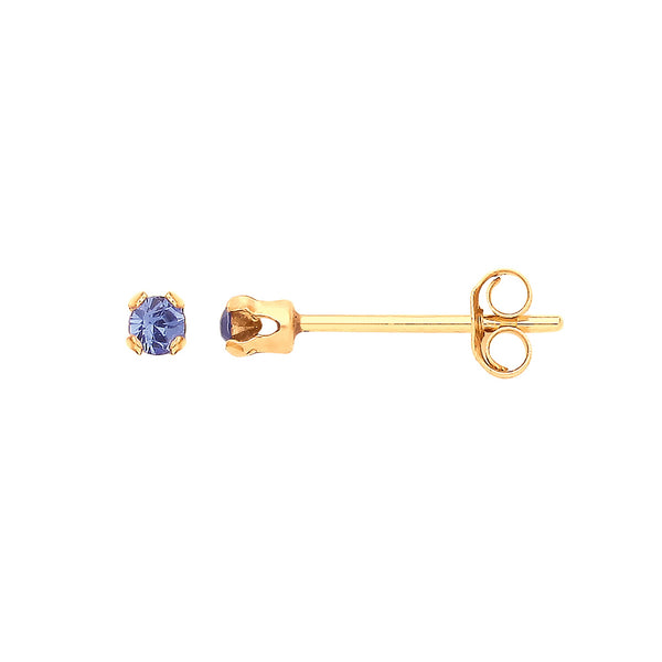 9k Yellow Gold Earrings - 9ct Y/G 2mm Claw Set Blue Crystal Studs - by Hearts Forever Jewellers