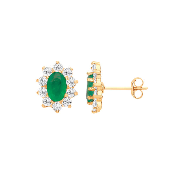 9k Yellow Gold Cubic Zirconia, Emerald Earrings - 9ct Y/G Emerald & CZs Cluster Studs - by Hearts Forever Jewellers