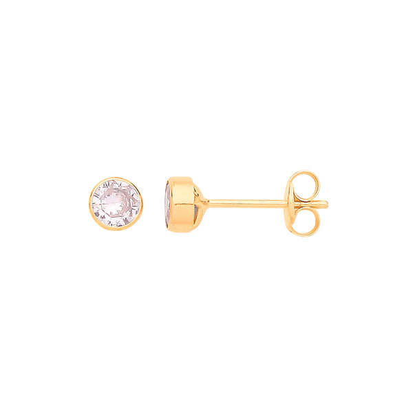 9k Yellow Gold Cubic Zirconia Earrings - 9ct Y/G 4mm Rubover Set Clear CZ Studs - by Hearts Forever Jewellers