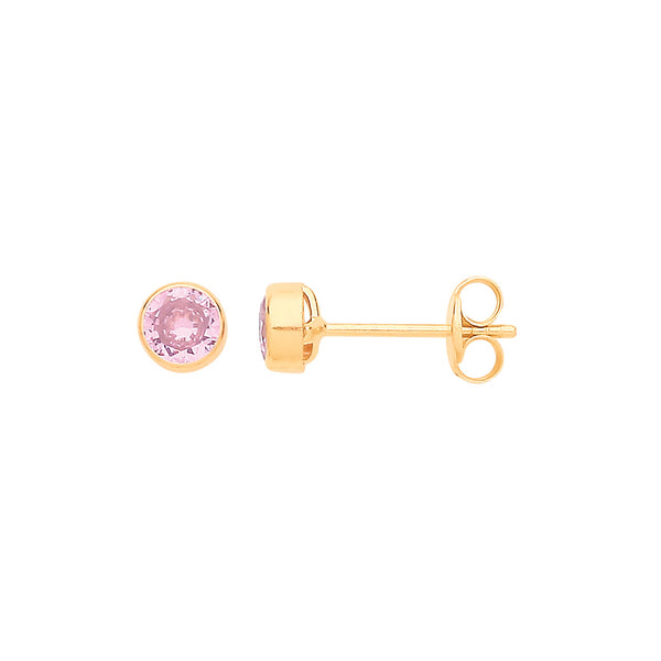 9k Yellow Gold Cubic Zirconia Earrings - 9ct Y/G 4mm Rubover Set Pink CZ Studs - by Hearts Forever Jewellers