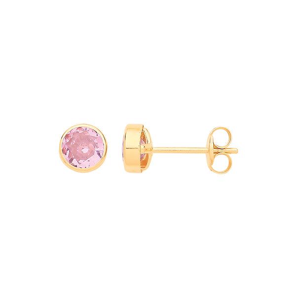9k Yellow Gold Cubic Zirconia Earrings - 9ct Y/G 5mm Rubover Set Pink CZ Studs - by Hearts Forever Jewellers