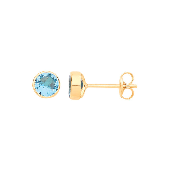 9k Yellow Gold Cubic Zirconia Earrings - 9ct Y/G 5mm Rubover Set Blue CZ Studs - by Hearts Forever Jewellers