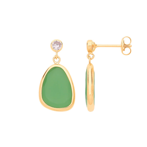 9k Yellow Gold Cubic Zirconia Earrings - 9ct Y/G CZ and Green Glass Drop Studs - by Hearts Forever Jewellers