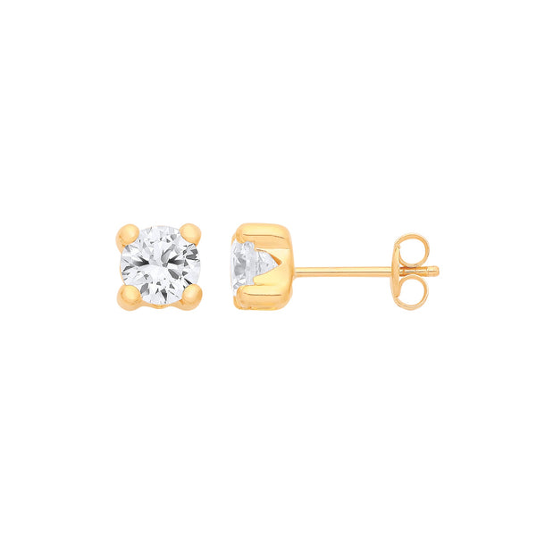9k Yellow Gold Cubic Zirconia Earrings - 9ct Y/G Round 5mm CZ Stud - by Hearts Forever Jewellers