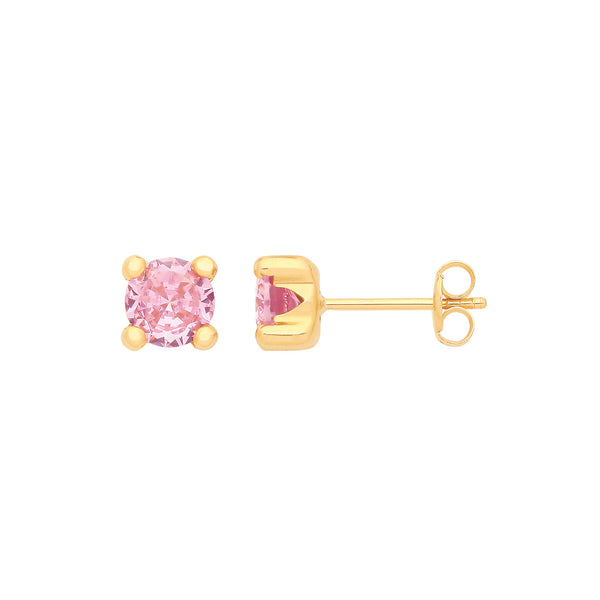 9k Yellow Gold Cubic Zirconia Earrings - 9ct Y/G Round 5mm PINK CZ Stud - by Hearts Forever Jewellers