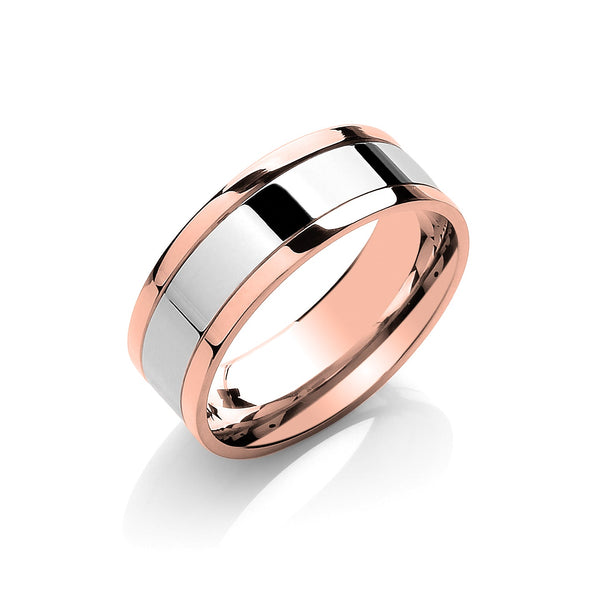 18k Rose Gold Jewellery - 7mm Flat Court Two Colour with Parallel Groove Wedding Band - by Hearts Forever Jewellers