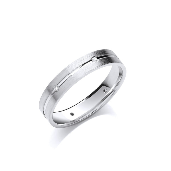 18k White Gold Diamond Jewellery - 0.06ctw 6st Brilliant Cut Diamond Set 4mm Flat Court Centre Groove Wedding Band - by Hearts Forever Jewellers