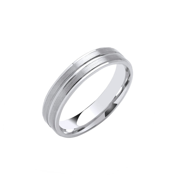 18k White Gold Jewellery - 5mm Flat Court Track Edges & Centre Wedding Band - by Hearts Forever Jewellers